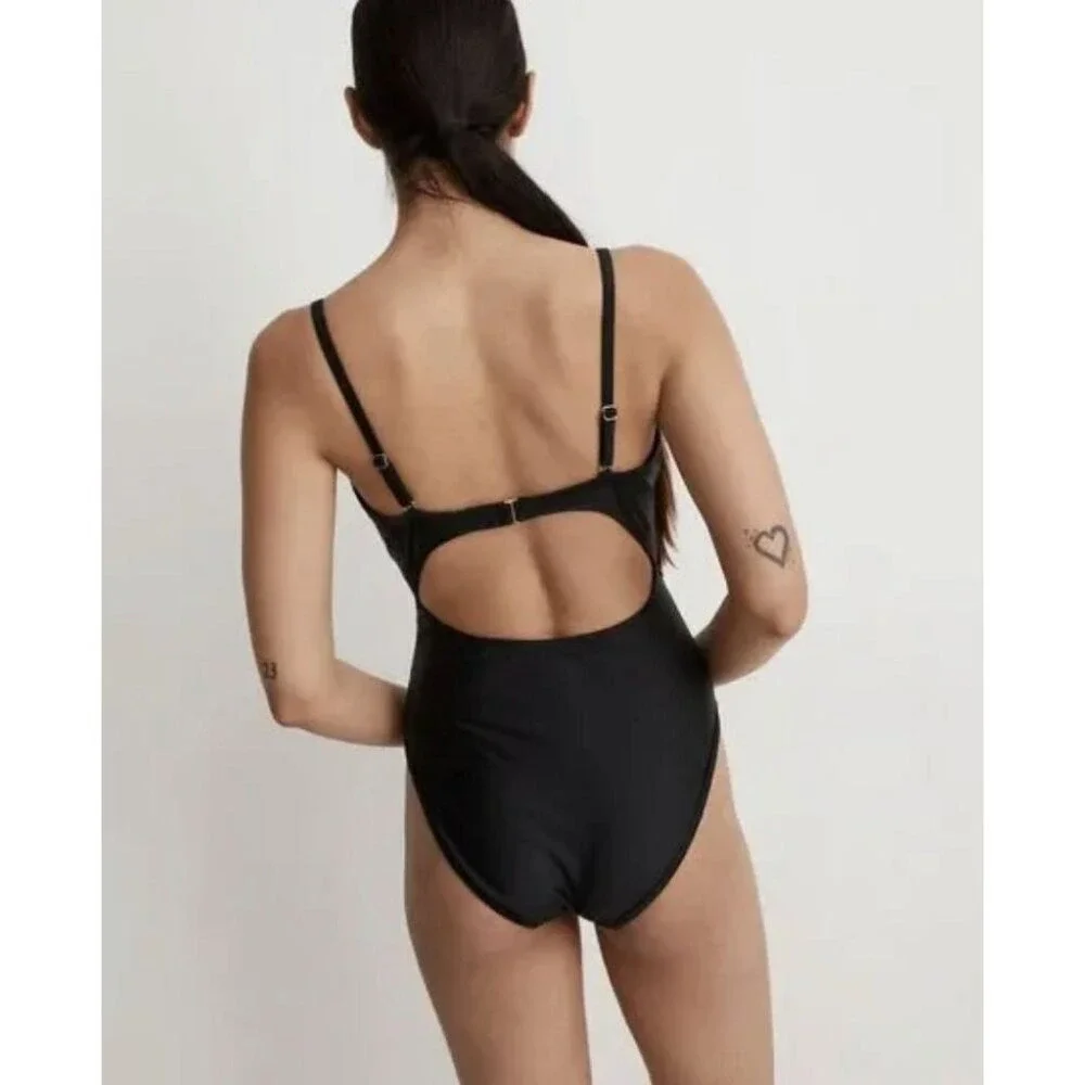 Madewell Cinched Cutout One-Piece Swimsuit Black S Minimalist Beach Neutral NWT